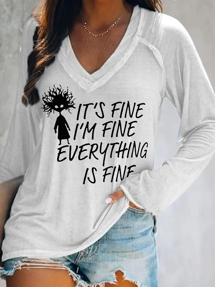 Casual Fun Letter Print V-Neck Long Sleeve T-Shirt