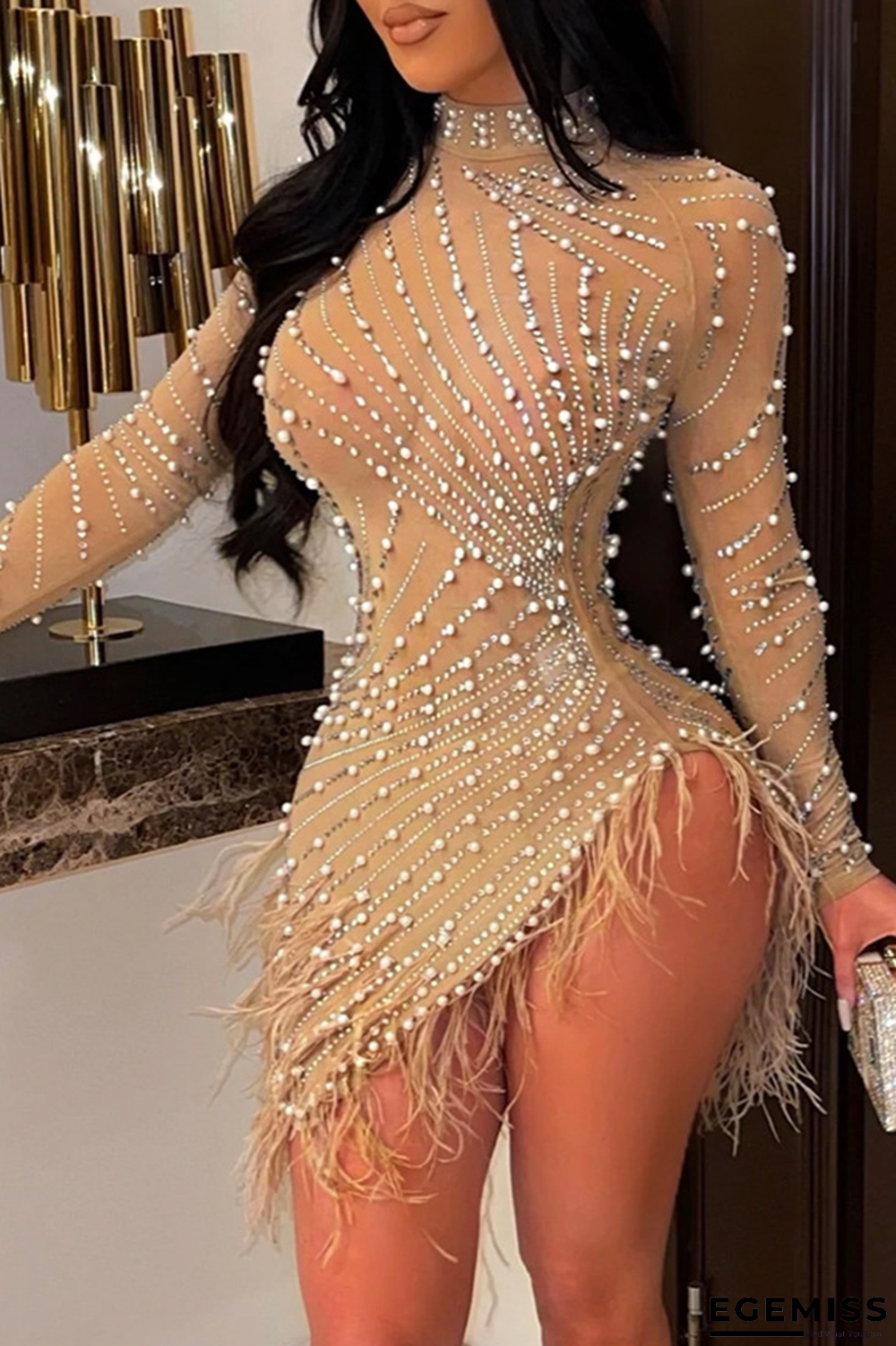 Apricot Sexy Patchwork Tassel Half A Turtleneck One-piece Suits Dresses | EGEMISS