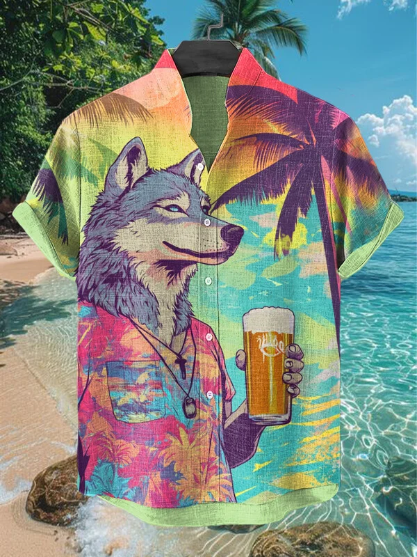 Men's Wolf Drinking Beer On Vacation Art Print Casual Shirt