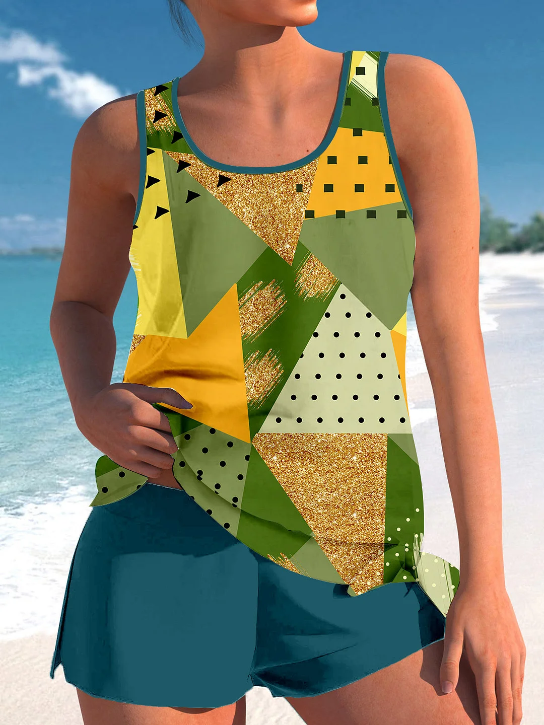 Bowknot Green Graphic Printed Mid Waisted Tankini Set - Plus Size Available