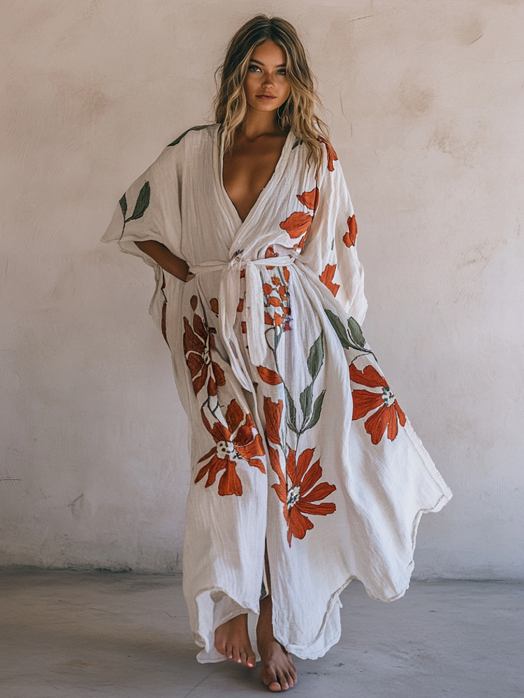 Flower Pattern Printed Linen Cotton Robe