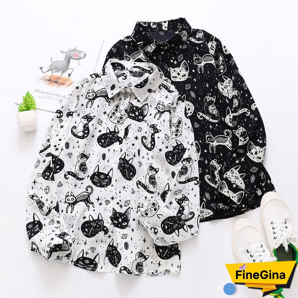 Kitty Print Long Sleeve Lapel Chiffon Shirt
