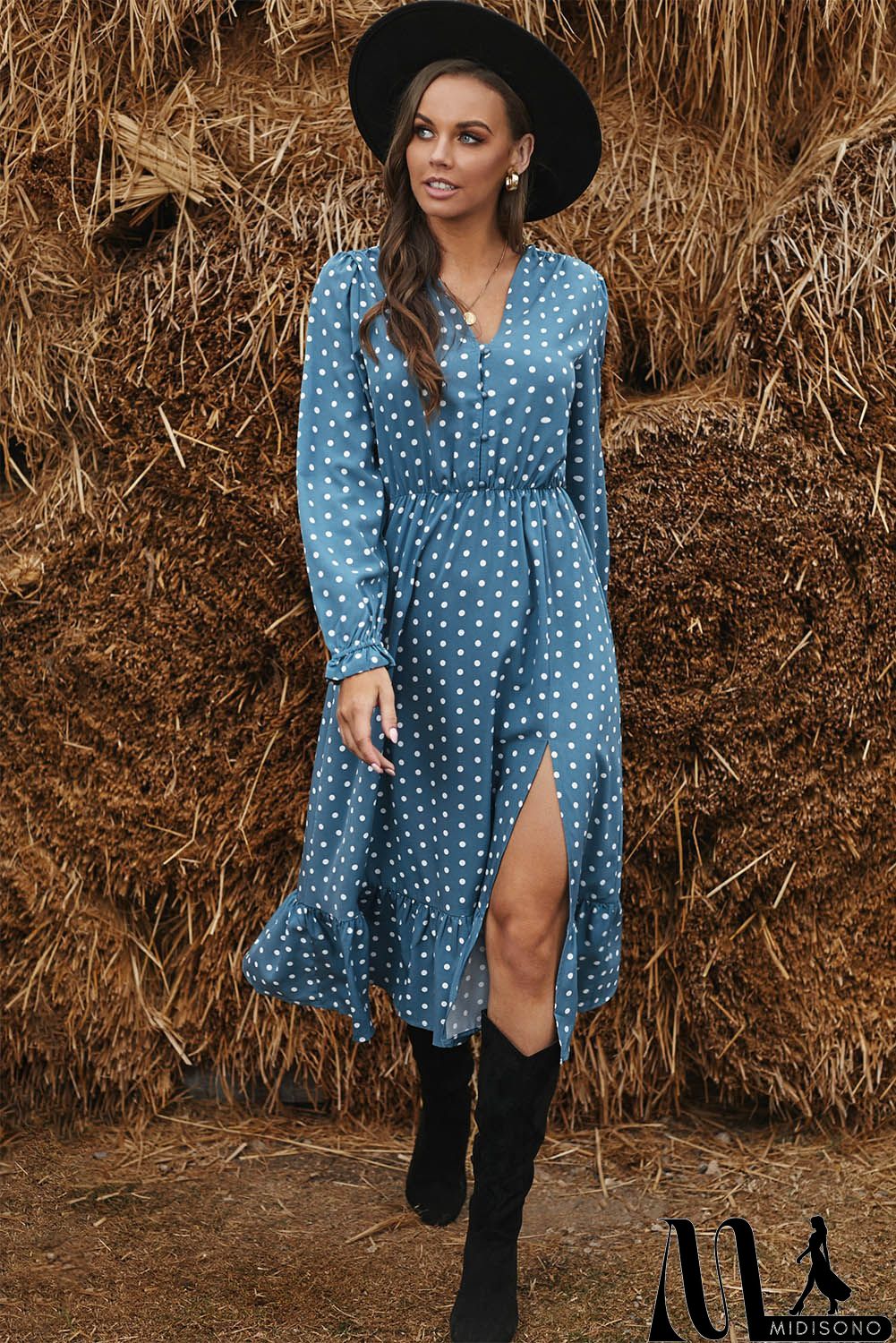 MidiSono - Blue Button Polka Dot High Slit Ruffled Long Sleeve Midi Dress