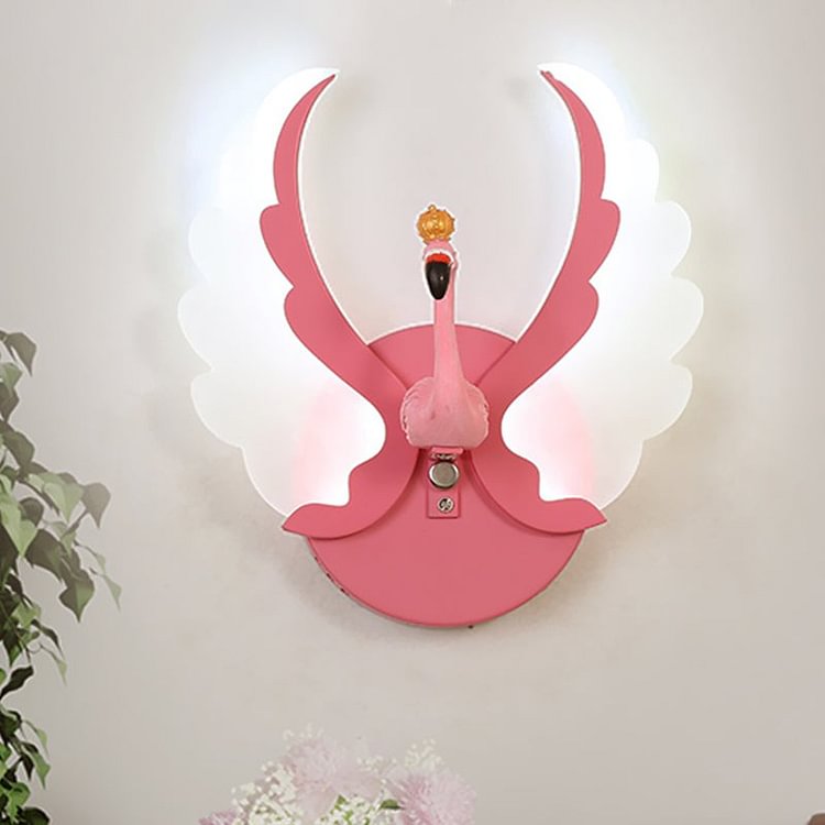 Swan Iron Wall Light Sconce Cartoon White/Pink Finish LED Wall Lamp Fixture with Acrylic Wing in White/Warm Light