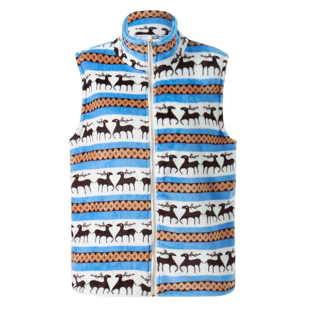 Women Fashion Wild Christmas Waistcoat Geometric Print Stand Collar Sleeveless Zipper-Up Vests Autumn Winter Plush Warm Coat