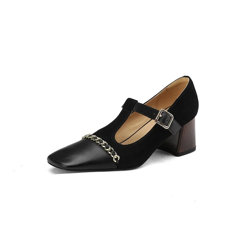 Lourdasprec Retro Women High-Heeled Shoes Metal Decoration Color-Blocking T-Button Open Instep Thick Heel Ladies Pumps Elegant Females Shoes