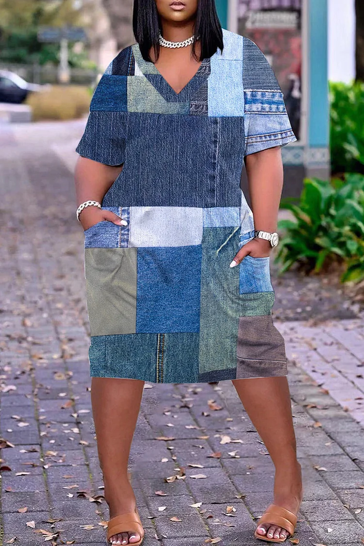 Plus Size Printed V-Neck Short Sleeve Midi Dress