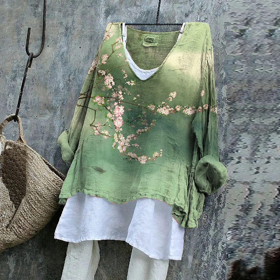 Japanese Cherry Blossom Art Linen Blend Flowy Tunic