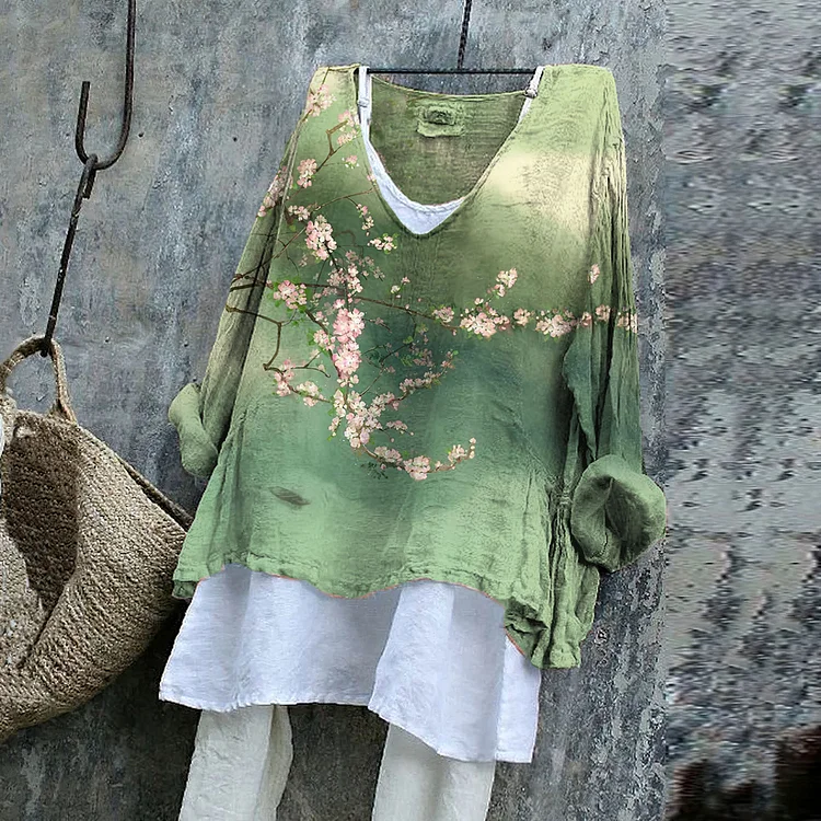 Comstylish Japanese Cherry Blossom Art Linen Blend Flowy Tunic