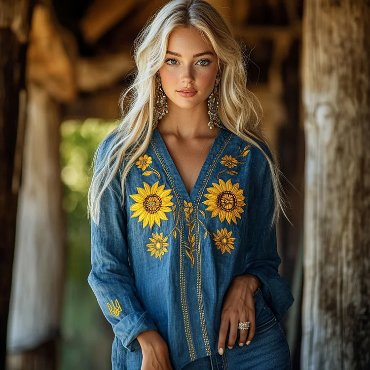 Lunivibe Ukraine Sunflower Embroidery Blend Linen V Neck Loose Blouse