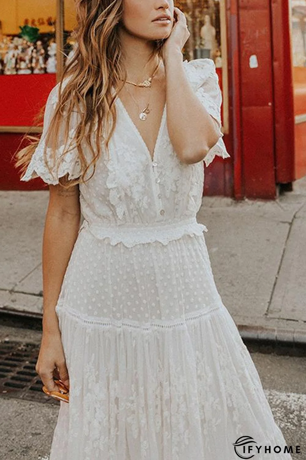 Button Lace V Neck Short Sleeve Maxi Dress | IFYHOME
