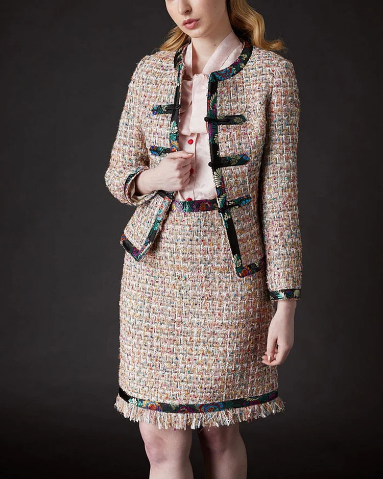 Elegant Tweed Jacket And Skirt Two-Piece Set