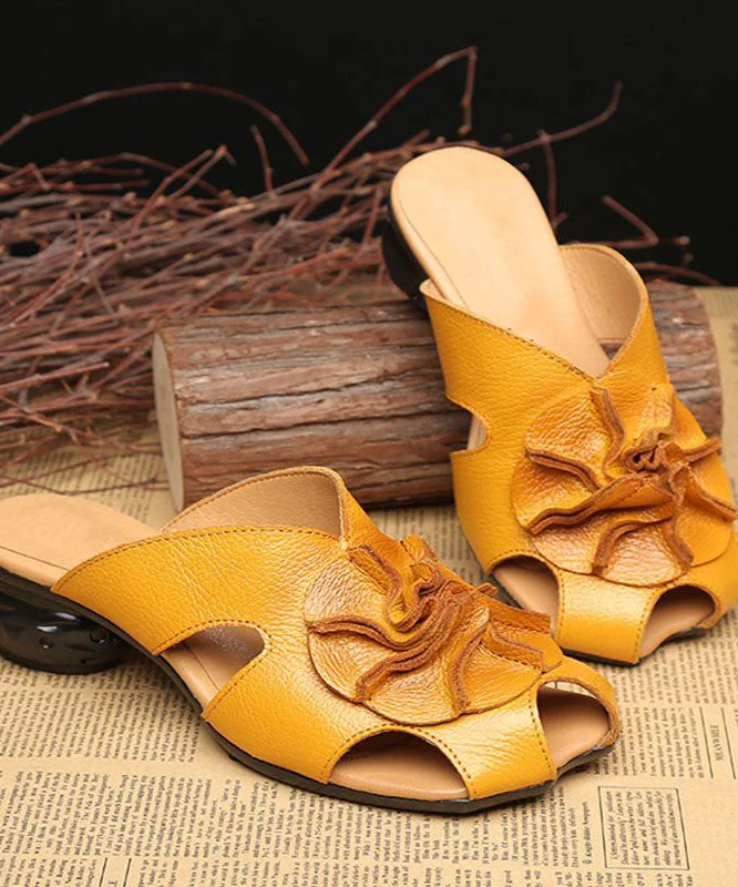 Chic Floral Splicing Yellow Cowhide Leather Slide Sandals