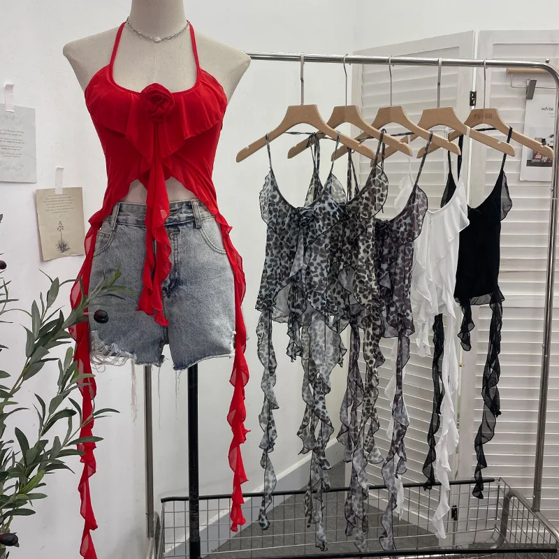 Churchf Special Price Sexy Hot Babes Hanging Backs Her Neck Short Leopard Sling Vest Flowers Lotus Leaves Floating Clothes 2610