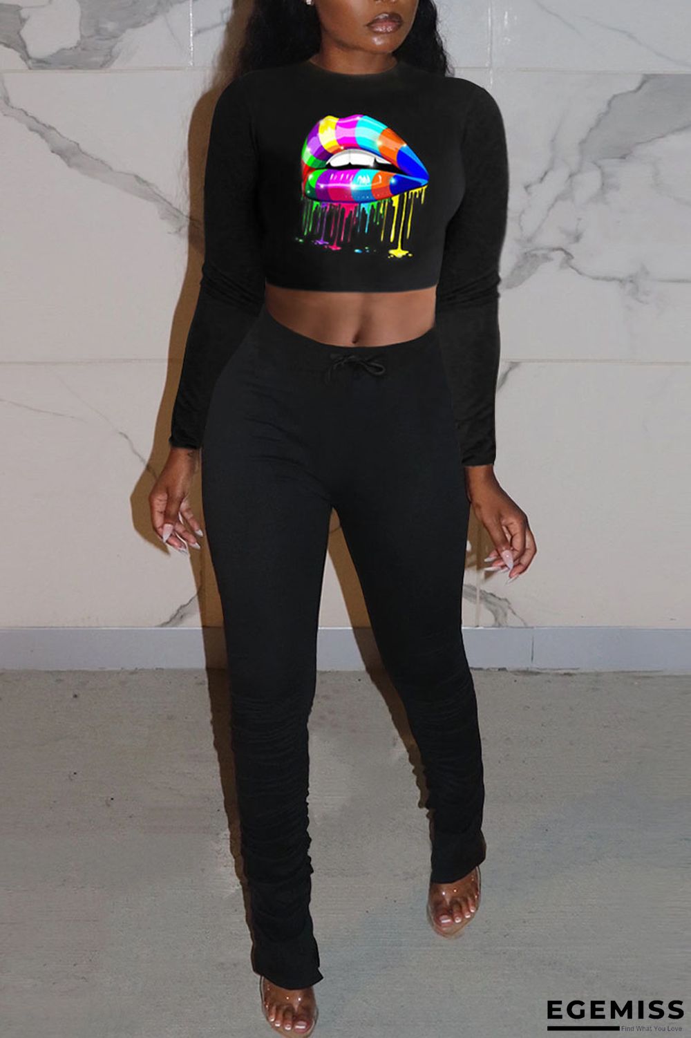 Black Casual Print Patchwork O Neck Long Sleeve Two Pieces | EGEMISS