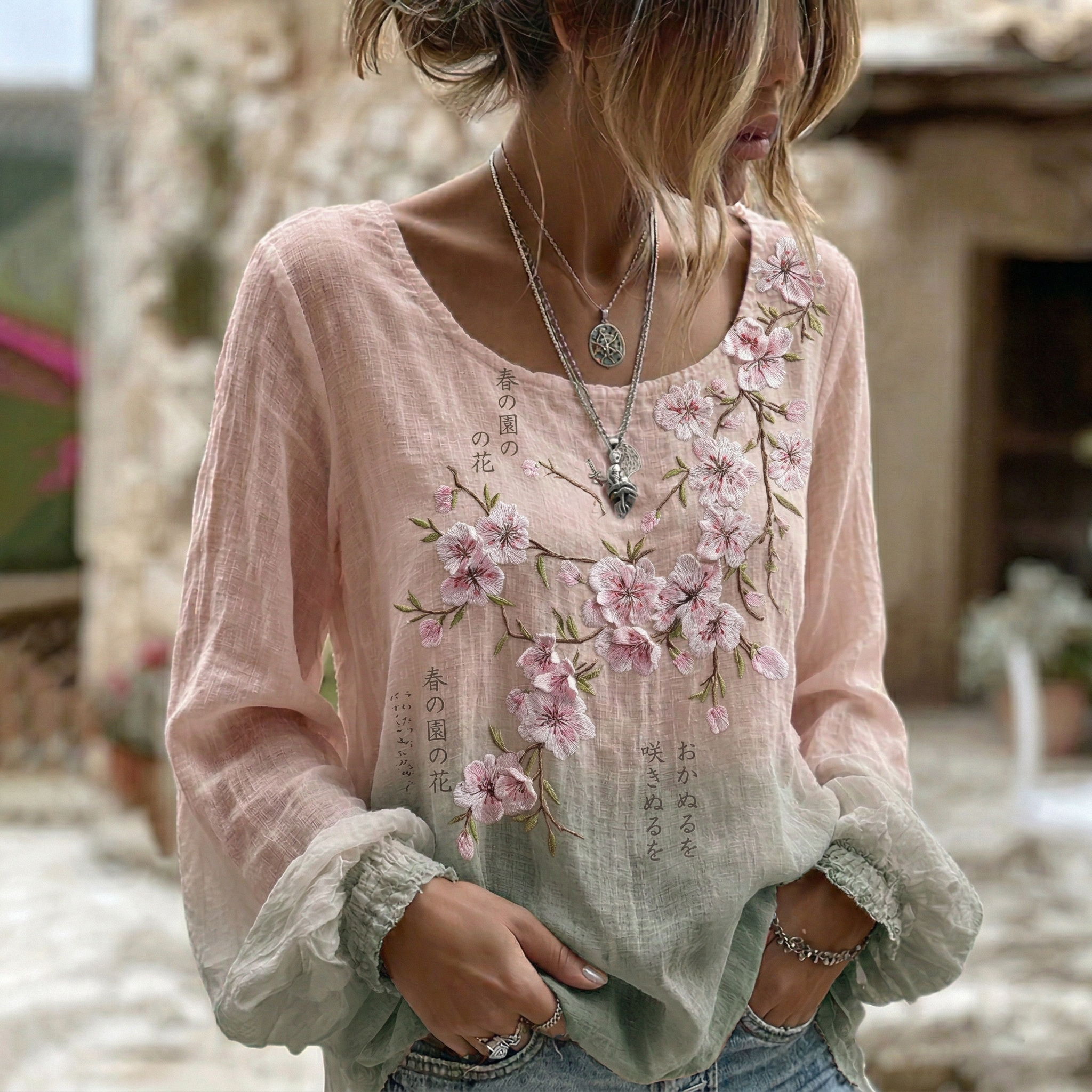Women's Japanese Sakura Gradient Print Crew Neck Linen Blend T-shirt elevenforest