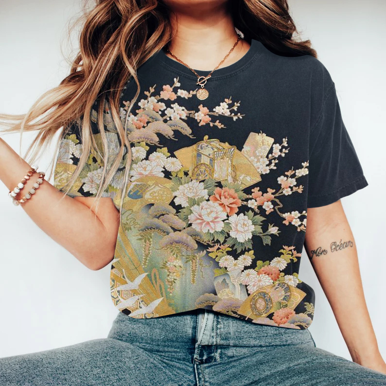 Comstylish Women Japanese Art Sakura Printed Round Neck T-Shirt
