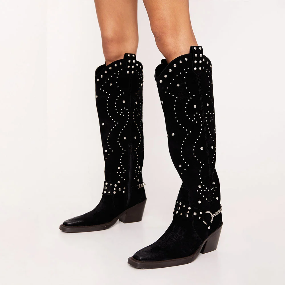 Black Vegan Suede Chunky Heel Knee High Cowgirl Boots with Studs