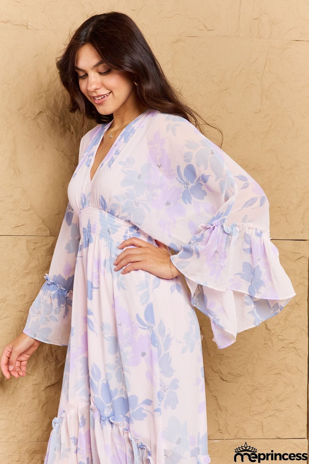 OneTheLand Take Me With You Floral Bell Sleeve Midi Dress in Blue