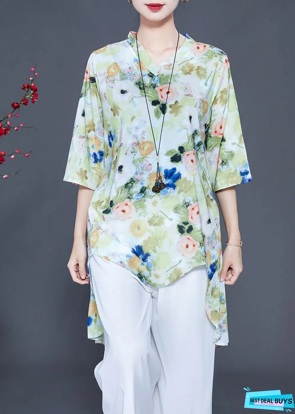 Women Light Green Print Low High Design Chiffon Two-Piece Set Summer