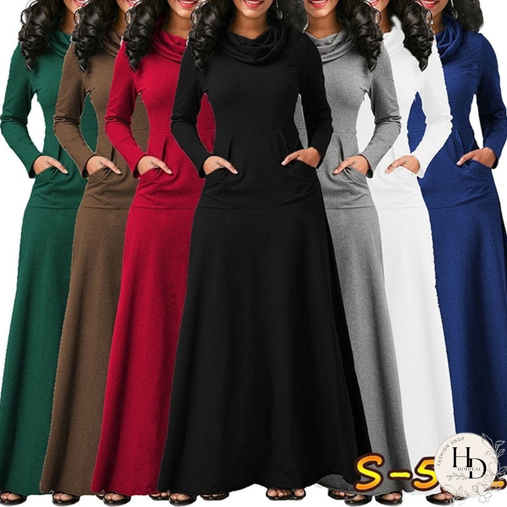 Autumn & Winter Womens Long Sleeve Dress-Pure Colors-Loose Maxi Casual Plus Size S-5Xl