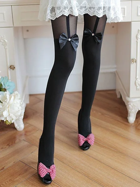 Black Lolita Pantyhose Bow Semi Sheer Velvet Gothic Stocking Novameme