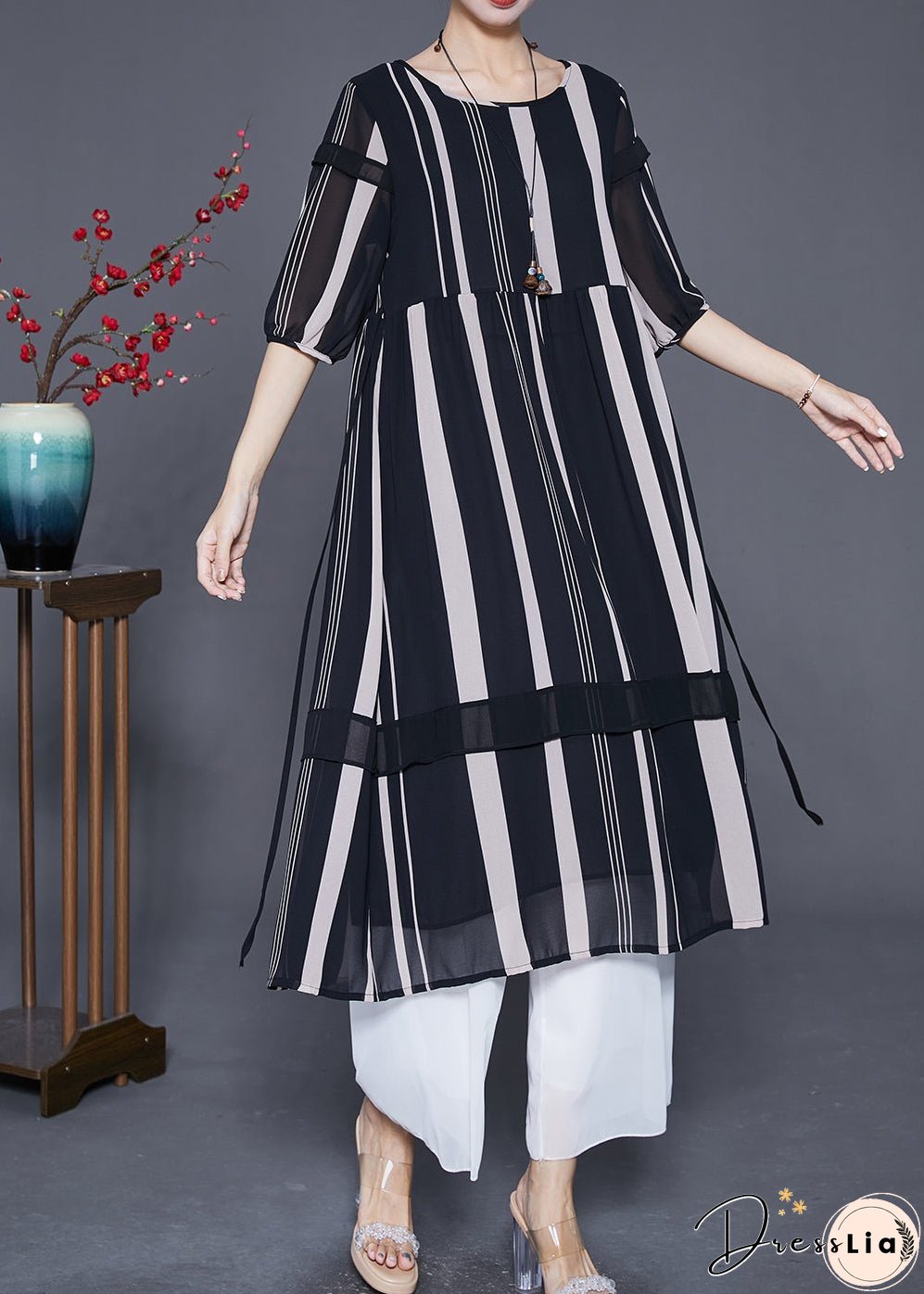 Modern Black Striped Patchwork Chiffon Maxi Dresses Half Sleeve