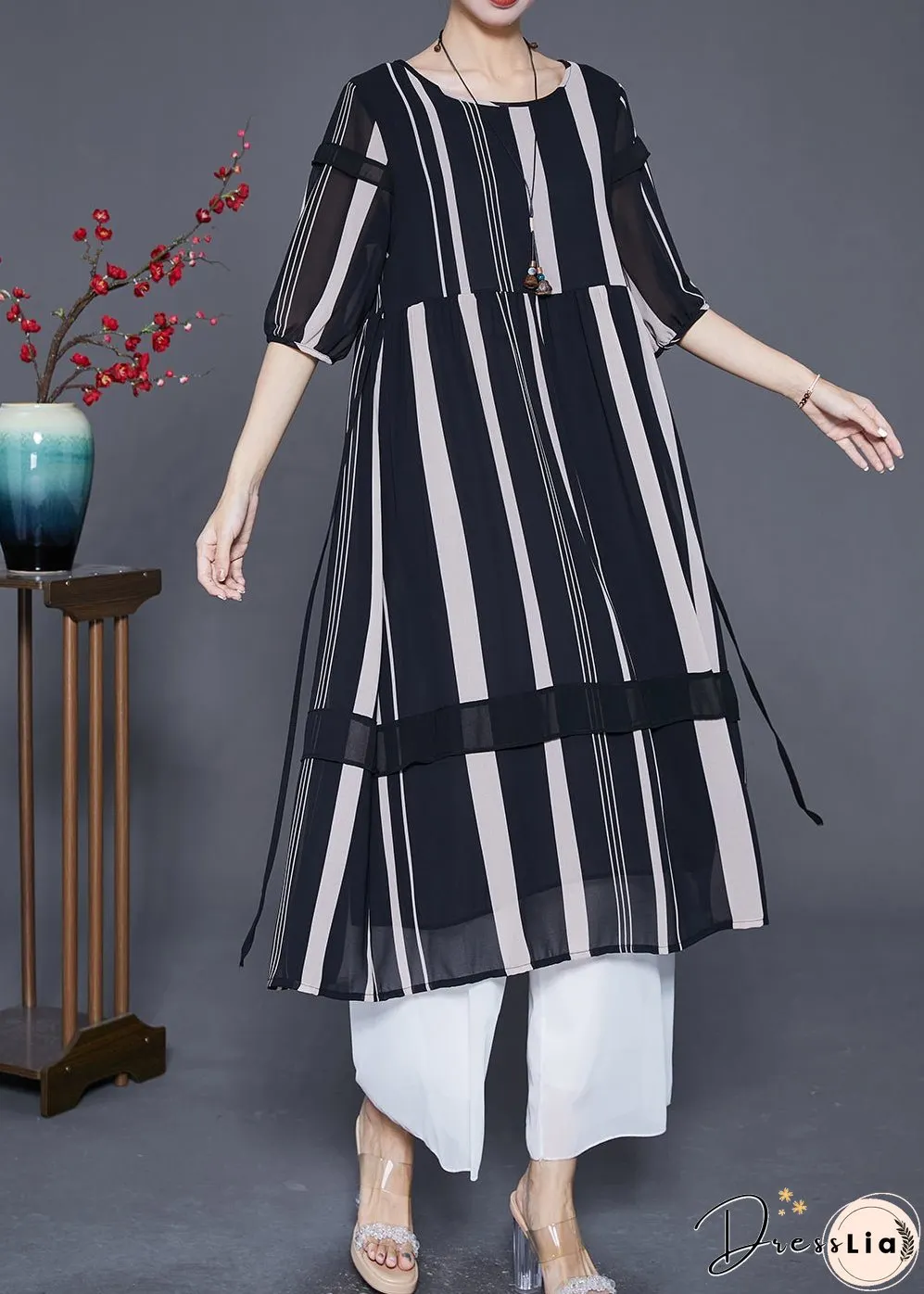 Modern Black Striped Patchwork Chiffon Maxi Dresses Half Sleeve