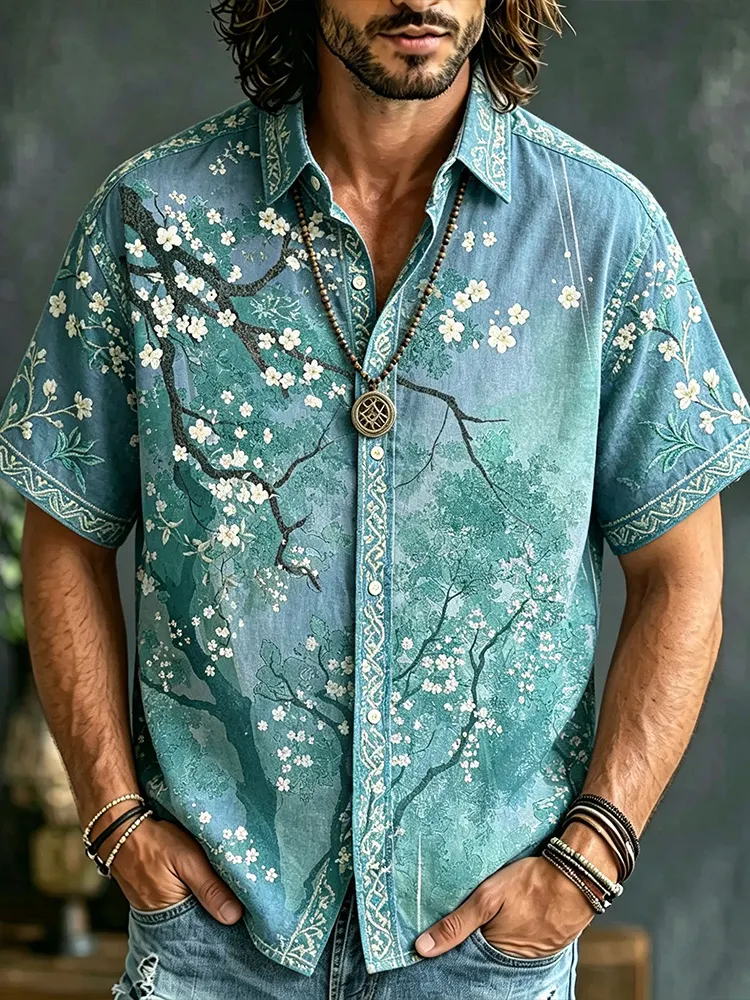 Men's Vintage Boho Cherry Blossom Printed Short Sleeve Button Down Shirt, Retro Teal Forest Tree Embroidery Casual Linen Blouse