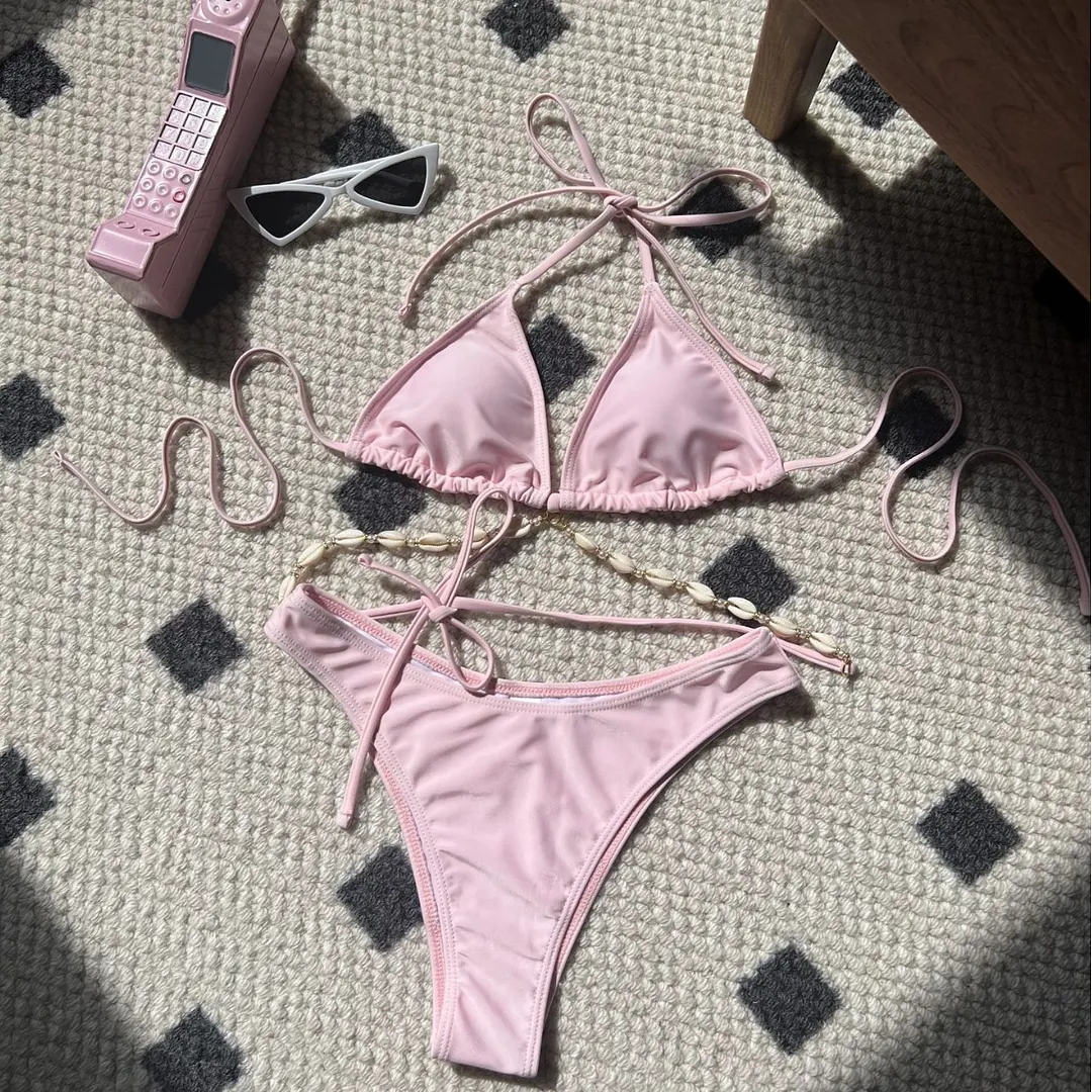 Uveng 2024 Plain Color New Sexy Shell Chain Swimsuit Bikini Bikini