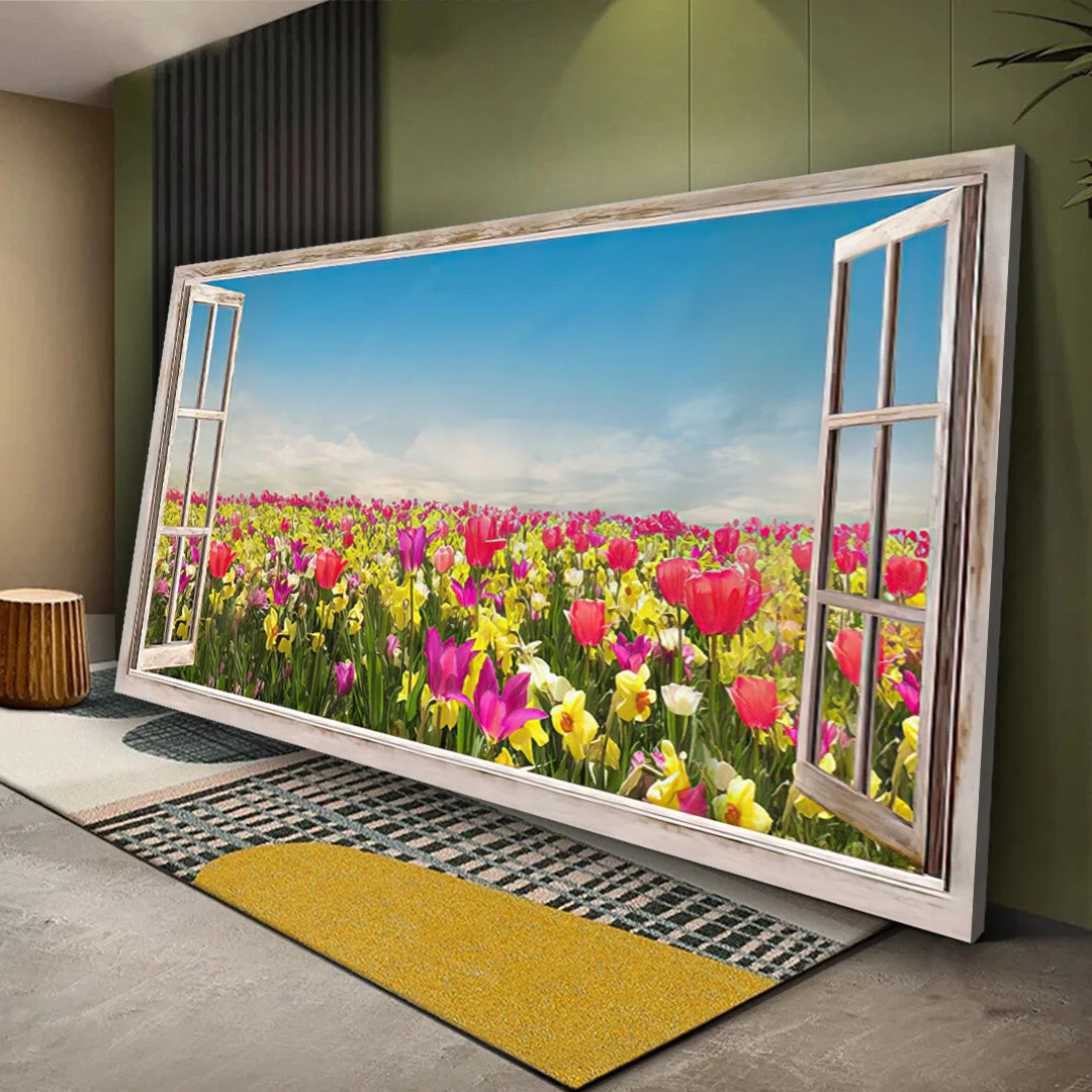Tulip Flowers Window Canvas Wall Art