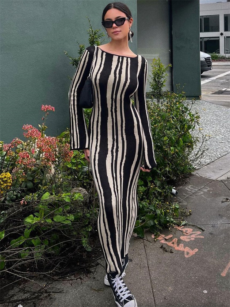 Ootddress Knit Striped Wrap Dress For Women Fashion Contrast High Street Slim Fashion Long Dress Pullover Knitwear High Waist Dress