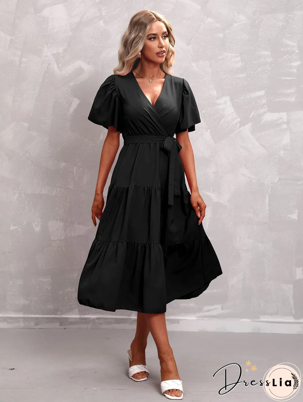 Elegant Womens Summer Dress & Casual Lace-Up Solid Color Neck High Waist Short Sleeve