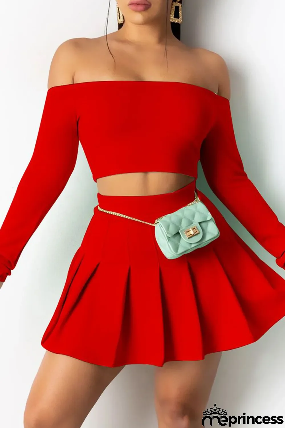 Cyan Sexy Casual Solid Backless Off the Shoulder Long Sleeve Two Pieces