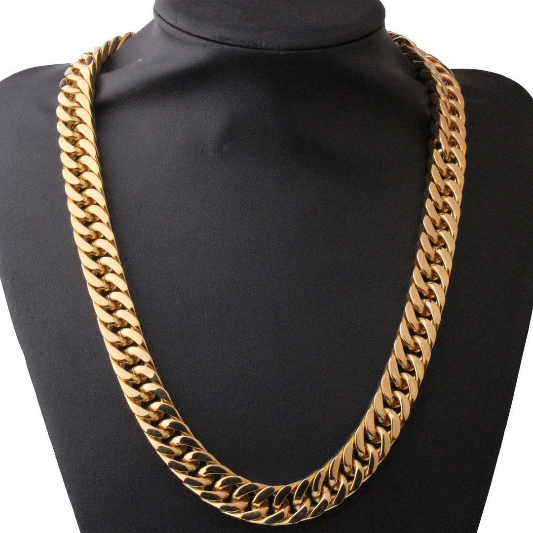 Miami Cuban Link Chain Set For Men 18K Gold Plated Titanium Stainless Steel 15mm Curb Bracelet Necklace Diamond Chains