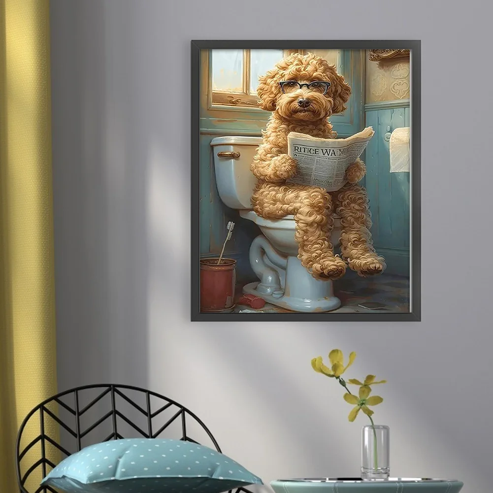11CT Full Stamped Cross Stitch - Puppy Reading Newspaper In Toilet (40*50cm)