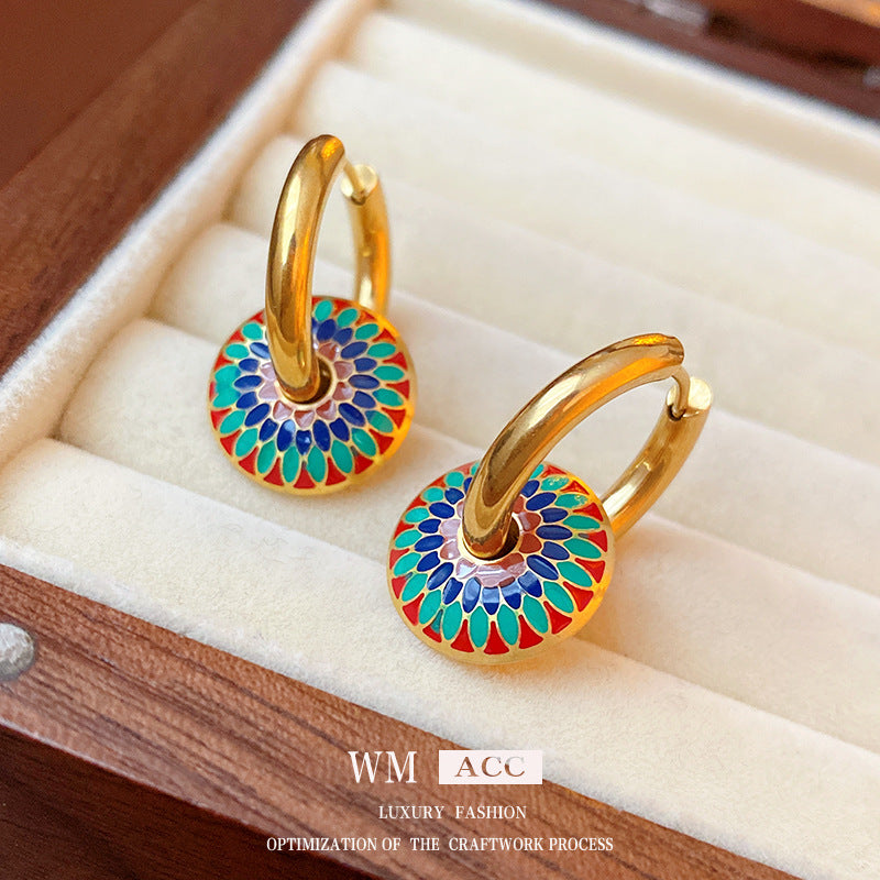 Women Medieval Circle Geometric Titanium Steel Oil Dripping Earrings