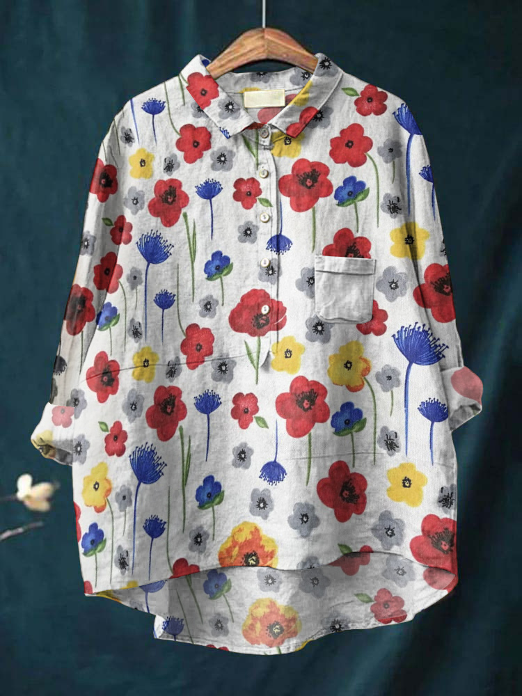 Comstylish Vintage Floral Art Print Casual Cotton Linen Shirt