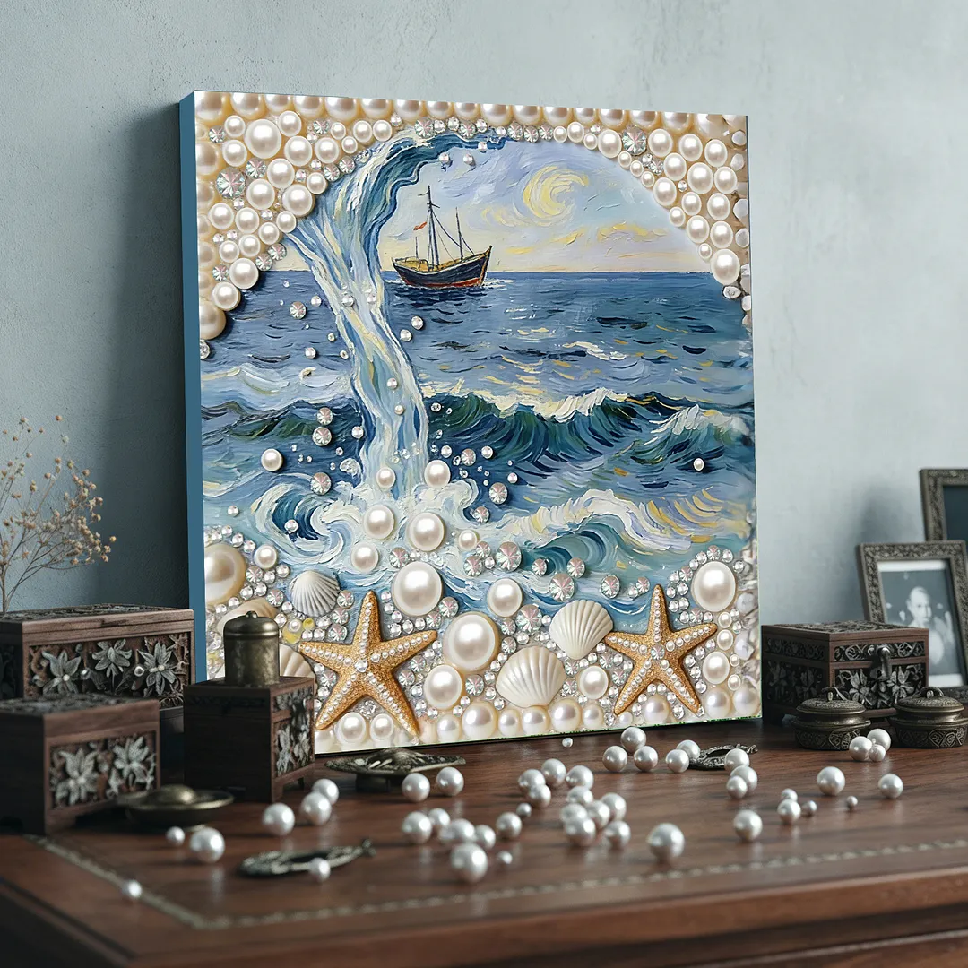 DIY Beach Seashell Starfish Pearl Painting Kit for Adults Beginners Gift Idea Home Wall Decor Pearl Gem Paintings Picture Arts Craft 30x30cm with Frame