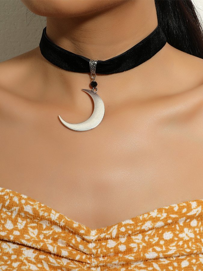 Women's Gothic Moon Pendant Velour Choker Necklace