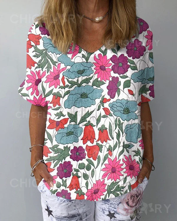 Floral Linen V Neck Loose Tops