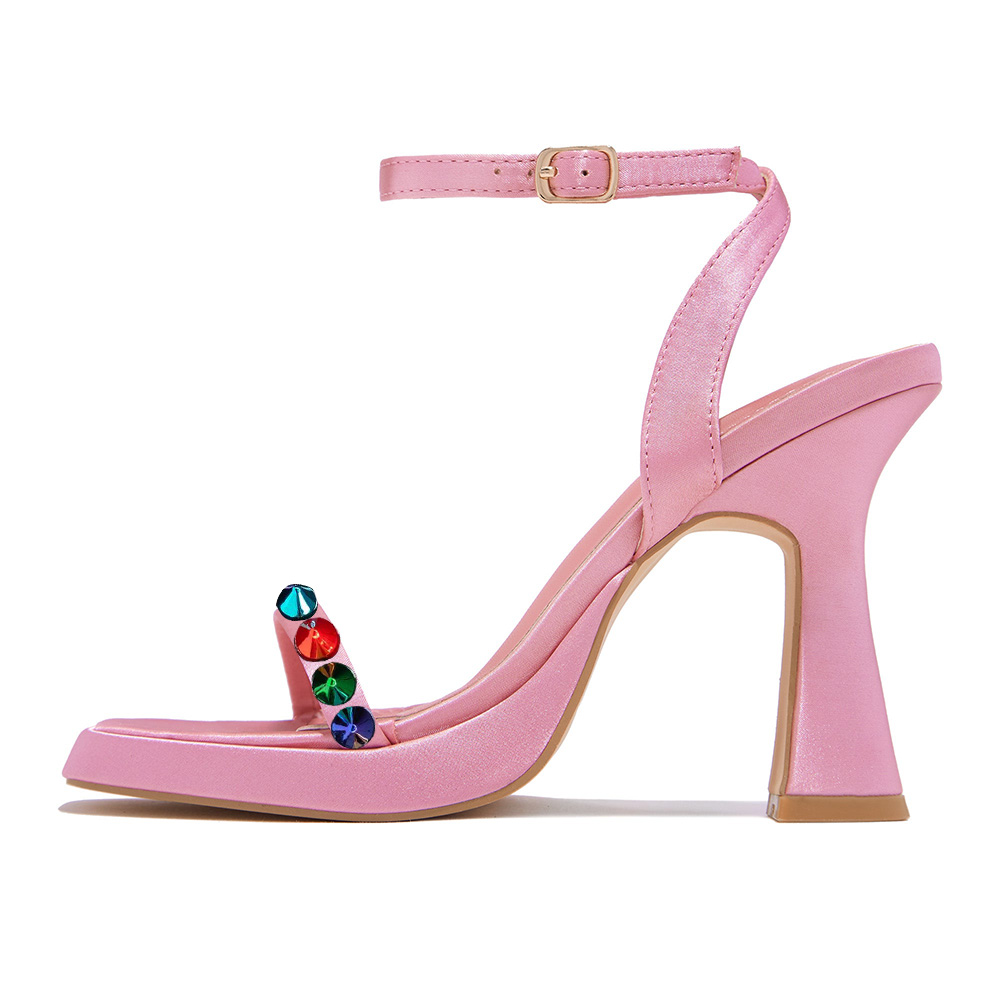 Women's Square Toe Colorful Rivet Ankle Strap Heeled Pink Sandals Nicepairs