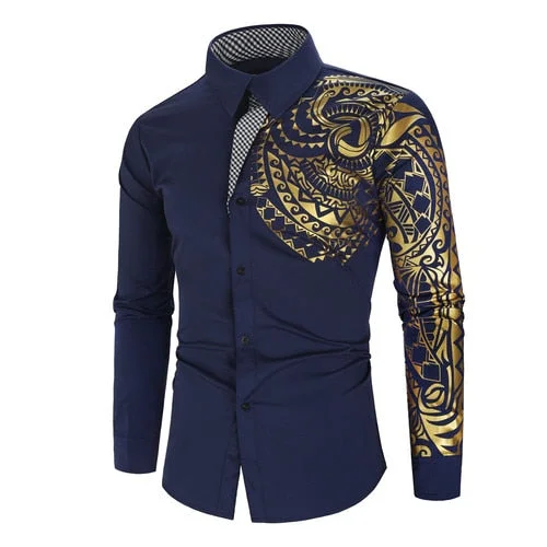 Inongge Men's Shirt Brand Men's Luxury Gold High Quality Long Sleeve Shirt Business Dress Black Men's Dress Prom Social Print Shirt