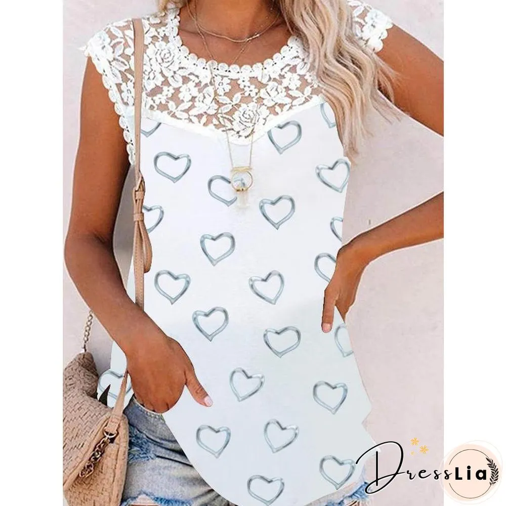Lace Trim Printed Casual Short Sleeve Shirt