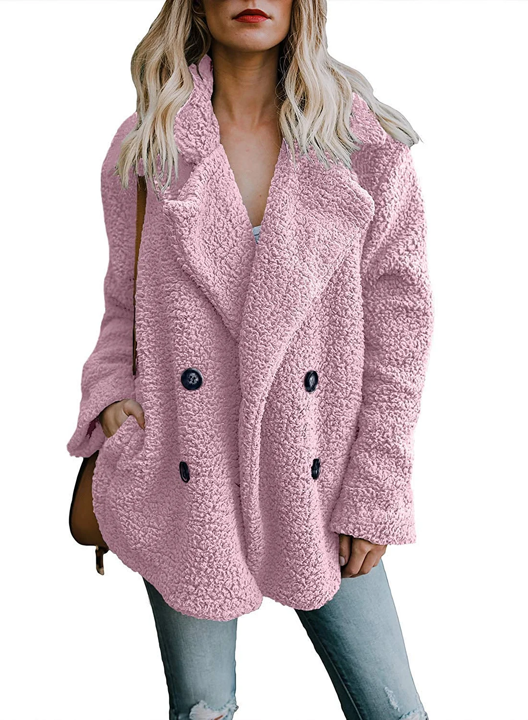 Womens Fleece Open Front Coat with Pockets Outerwear