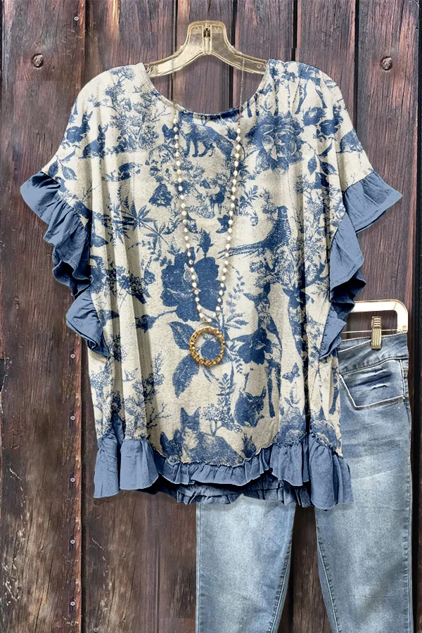 Toile Print Ruffle Trim Top