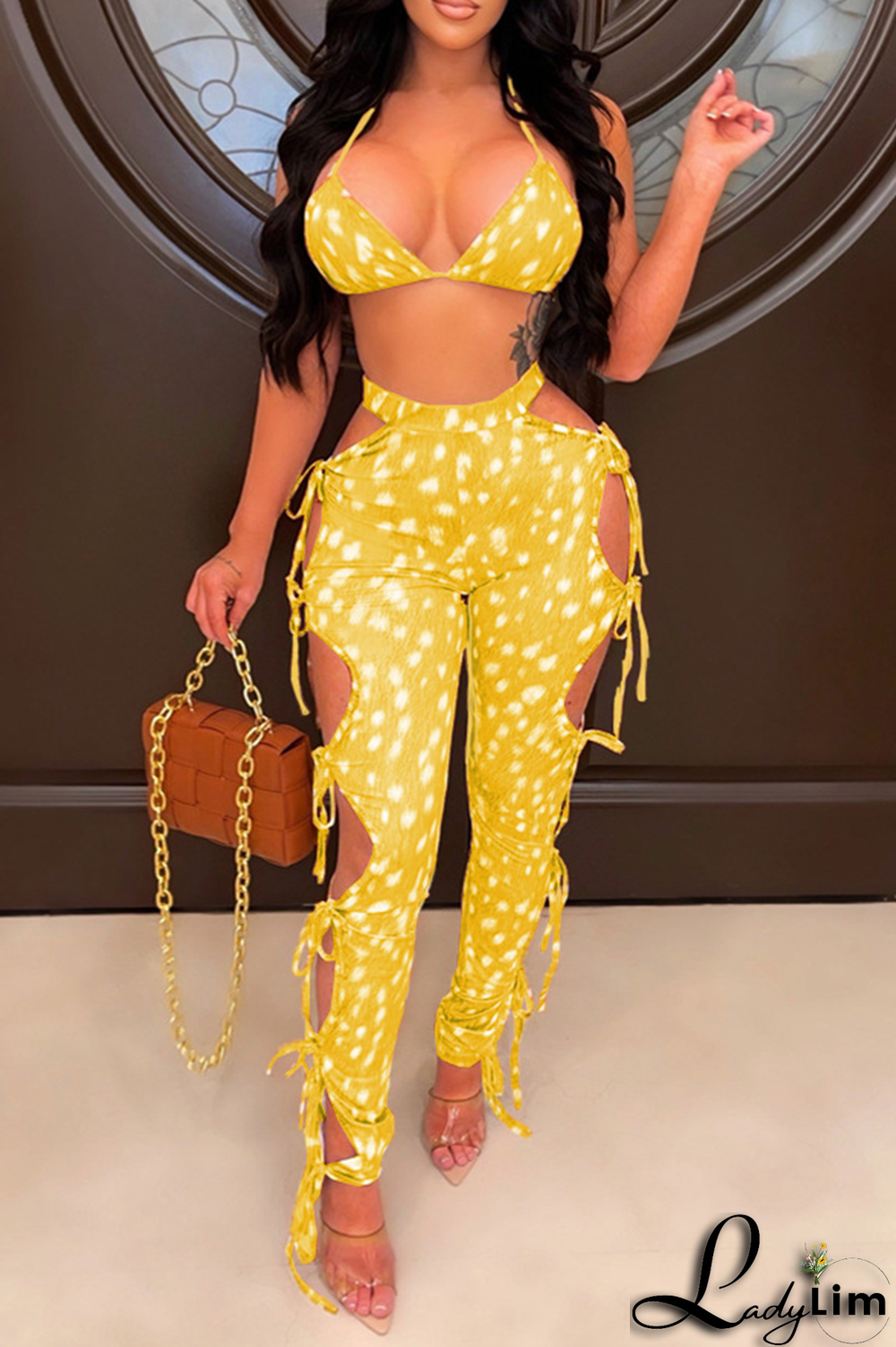 Yellow Sexy Print Draw String Halter Sleeveless Two Pieces