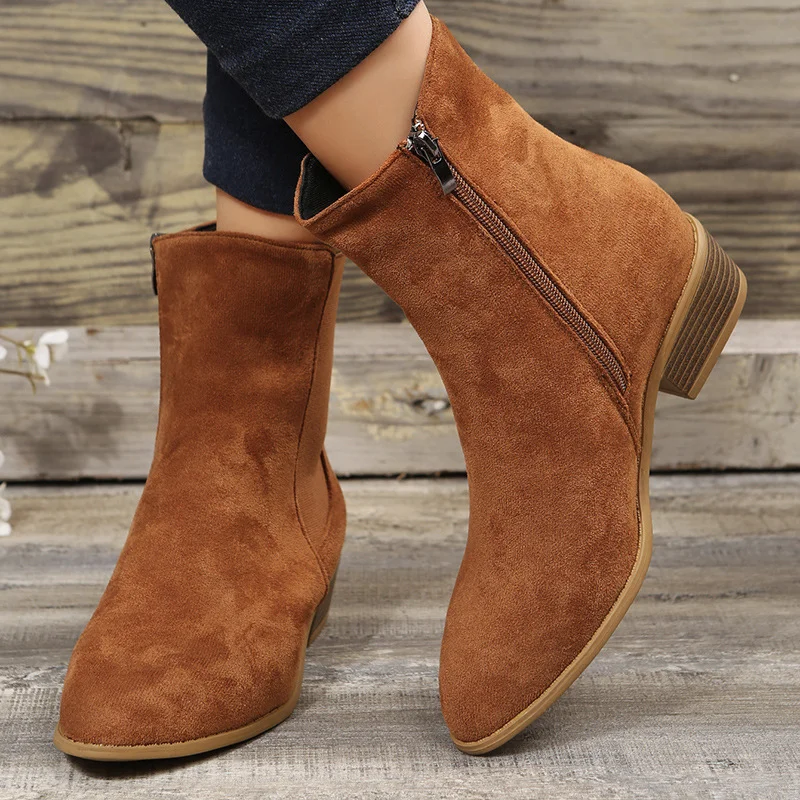 Churchf Churchf / Winter 22 New Women's Boots Middle Tube Suede Pointed Side Zipper Thick Heel And Ankle Ankle Boots Large Size Martin Boots