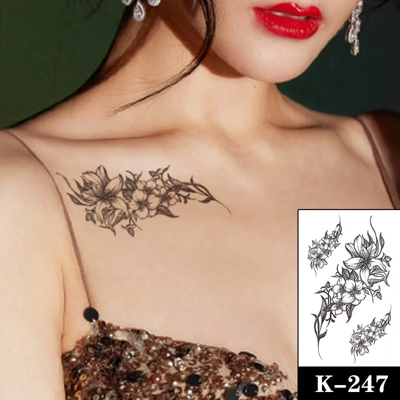Waterproof Temporary Tattoo Sticker Black Wolf Arrow Rose Butterfly Flash Tattoos Totem Line Body Art Hand Fake Tatoos Women Men