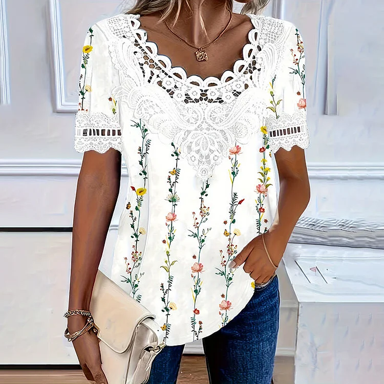 Fashionable And Elegant Casual Hollow Lace Ladies T-Shirt
